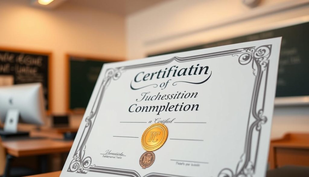 A beautifully designed certificate of completion prominently displayed in the foreground, featuring elegant borders and a shiny gold seal. The background consists of a subtle, blurred classroom setting with a chalkboard and computer setup, indicating an educational environment. Soft, warm lighting illuminates the certificate, highlighting its intricate details such as decorative flourishes and an embossed logo. The angle captures the certificate at a slight tilt, giving it a more dynamic perspective. The mood conveys achievement and professionalism, embodying the essence of successfully completing a course. Ensure no text, logos, or watermarks are visible on the certificate, and include decorative elements that suggest a sense of excellence and accomplishment.