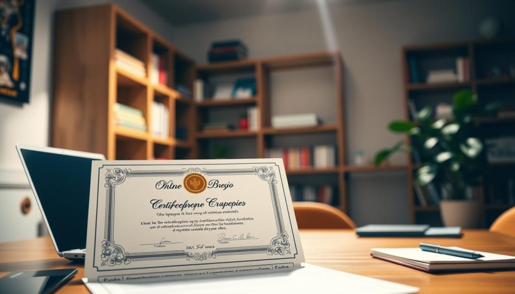 A beautifully designed certificate prominently displayed on a desk. The foreground features an elegant certificate with intricate border designs and a golden seal, symbolizing achievement in online entrepreneurship. In the middle ground, there are soft-focus elements of a laptop and a notepad, suggesting an environment conducive to learning. The background features a well-lit study area with warm, inviting colors, including wooden shelves filled with books and a potted plant adding a touch of greenery. The lighting is bright yet soft, creating a welcoming atmosphere that conveys professionalism and accomplishment. The overall mood is inspiring, reflecting the value and validity of certifications available across Brazil.