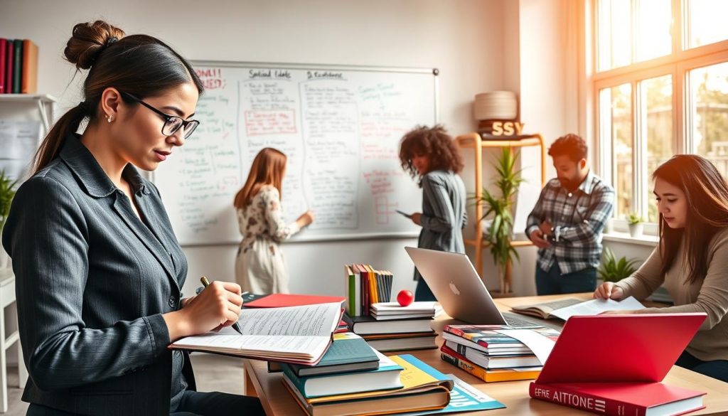 A bright and inviting workspace filled with diverse individuals engaged in personal development activities. In the foreground, a professional woman in business attire is thoughtfully writing in a notebook, while a man in modest casual clothing uses a laptop, both surrounded by colorful books and motivational materials. The middle ground features a large whiteboard filled with notes and diagrams on personal development plans. In the background, a large window lets in warm, natural light, casting a welcoming glow over the scene. The atmosphere is focused yet inspiring, encouraging a sense of growth and positivity. The image captures the essence of choosing courses and creating a personal development plan, emphasizing collaboration and goal setting.