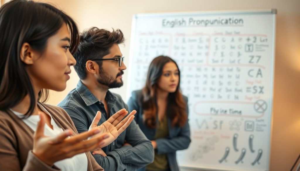 A close-up image focusing on a diverse group of people engaged in a language learning session. In the foreground, a young woman, dressed in professional attire, is demonstrating pronunciation with expressive hand gestures. Beside her, a middle-aged man in casual clothing listens attentively, reflecting concentration. In the middle ground, a whiteboard filled with phonetic symbols and graphic illustrations related to English pronunciation. The background features soft, welcoming lighting, suggesting an atmosphere of collaborative learning, with warm colors enhancing the mood. The angle should be slightly elevated, capturing both the interaction and the educational tools, emphasizing the theme of comprehension in language learning.
