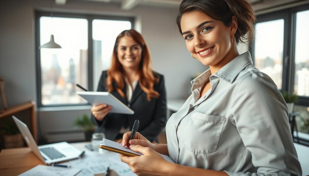 A close-up scene of a confident young entrepreneur taking the first step in launching a small business. In the foreground, a woman in professional business attire is holding a notepad and pen, jotting down ideas. The middle ground features a small, bustling workspace with a laptop open, sketches, and brainstorming notes spread out on a table. The background shows a window with natural light streaming in, illuminatiing a cityscape that suggests growth and opportunity. The atmosphere is one of excitement and determination, with a warm color palette that evokes optimism. The camera angle should focus on the entrepreneur, capturing the essence of ambition and innovation, with a soft focus on the background elements to emphasize the subject.
