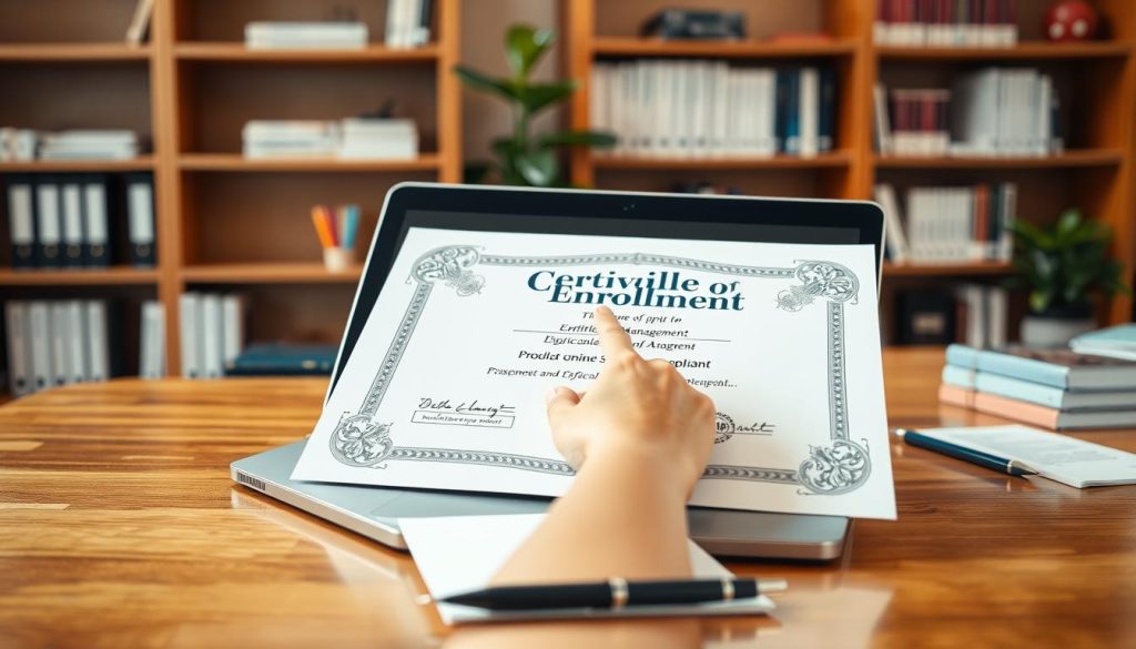 A close-up view of a digital certificate of enrollment, prominently displaying intricate designs and official seals, resting on a polished wooden desk. The foreground features a sleek laptop open to a popular online learning platform, with a stylus and notepad beside it. In the middle, a soft-focus hand interacts with the certificate's digital interface, emphasizing the modern technology. The background showcases a well-organized study space, with bookshelves filled with business management books and a green plant adding a touch of life. The lighting is warm and inviting, creating a professional and motivating atmosphere, captured at a slight angle to give depth to the scene. The entire composition conveys a sense of accomplishment and readiness for learning.
