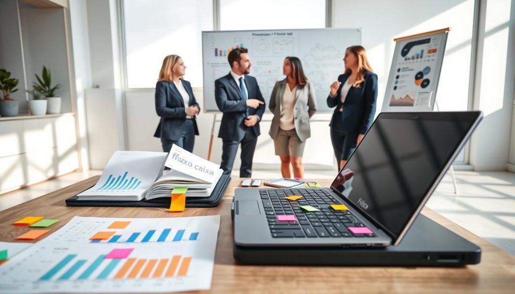 A cohesive and inviting office scene illustrating the concept of "fluxo caixa." In the foreground, a neatly organized desk displays a financial ledger, an open laptop with graphs showing cash flow, and colorful sticky notes with reminders. The middle ground features a diverse group of three professionals in business attire discussing financial strategies, demonstrating collaboration. One individual points at a whiteboard filled with flowcharts and budgeting plans. The background reveals a bright, modern office space with large windows that allow natural light to pour in, casting soft shadows across the floor. The atmosphere is focused yet optimistic, conveying a sense of control and clarity in financial management. The composition is shot from a slightly elevated angle, emphasizing the organized workspace and lively interactions.