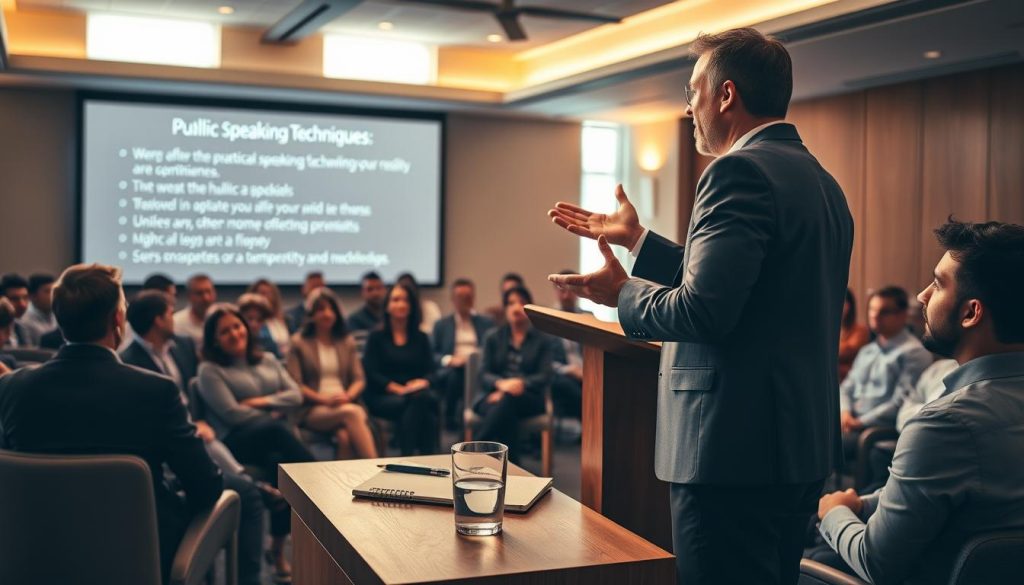 A confident speaker stands at a podium in a well-lit conference room, engaging an audience of attentive listeners seated in a semi-circle. The speaker, dressed in professional business attire, gestures expressively, conveying enthusiasm and authority. In the foreground, a notepad and a glass of water are placed on the podium, symbolizing preparation and focus. In the middle ground, the audience is captivated, some taking notes, others nodding in agreement. The background features a large screen displaying bullet points about practical public speaking techniques. Soft, warm lighting enhances the professional atmosphere, while natural light from nearby windows adds a touch of warmth. The overall mood is empowering and inspiring, reflecting the essence of effective public speaking.