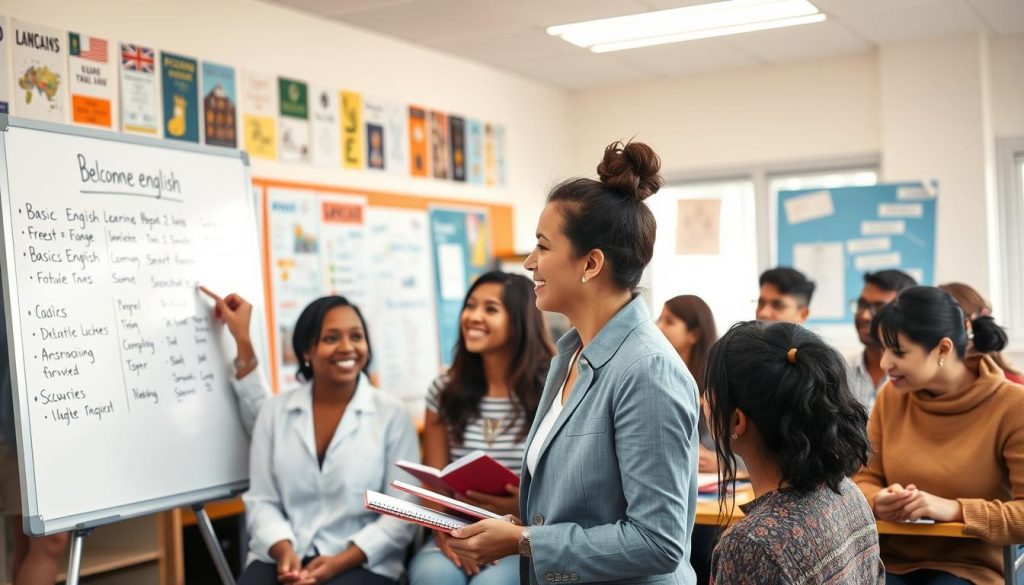 A diverse group of adults and teenagers, engaged in a casual English language class setting. In the foreground, a female instructor, dressed in professional business attire, enthusiastically points to a whiteboard filled with basic English phrases and vocabulary. In the middle, students of varying ethnicities, some smiling and taking notes, others listening attentively, creating an atmosphere of learning and engagement. The background features a well-lit classroom with educational posters and language learning resources adorning the walls, suggesting a warm and inviting environment. The room is bright, with natural light streaming in through large windows, enhancing the feeling of welcome. The mood is friendly and encouraging, reflecting an educational journey for beginners.