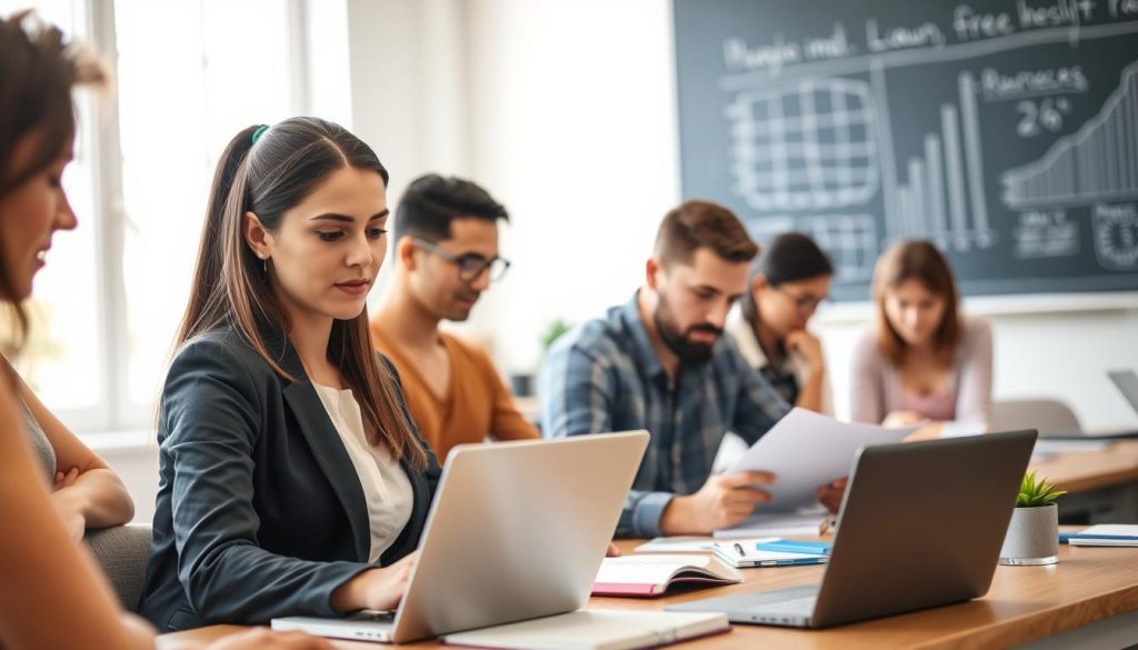 A diverse group of students engaged in a classroom setting, showcasing individuals of various ethnicities and genders. In the foreground, a young woman in professional business attire is focused on her laptop, while a middle-aged man and a young man collaborate at a table, surrounded by notebooks and writing materials. In the middle ground, a window allows soft, natural light to pour in, reflecting an inviting learning atmosphere. The background features a chalkboard with charts and graphs, hinting at Excel-related content. The overall mood is one of concentration and determination, highlighting a sense of community and support among learners, perfect for a free Excel course. Use a warm color palette to convey encouragement and growth. Soft-focus lens effect to add depth to the scene.