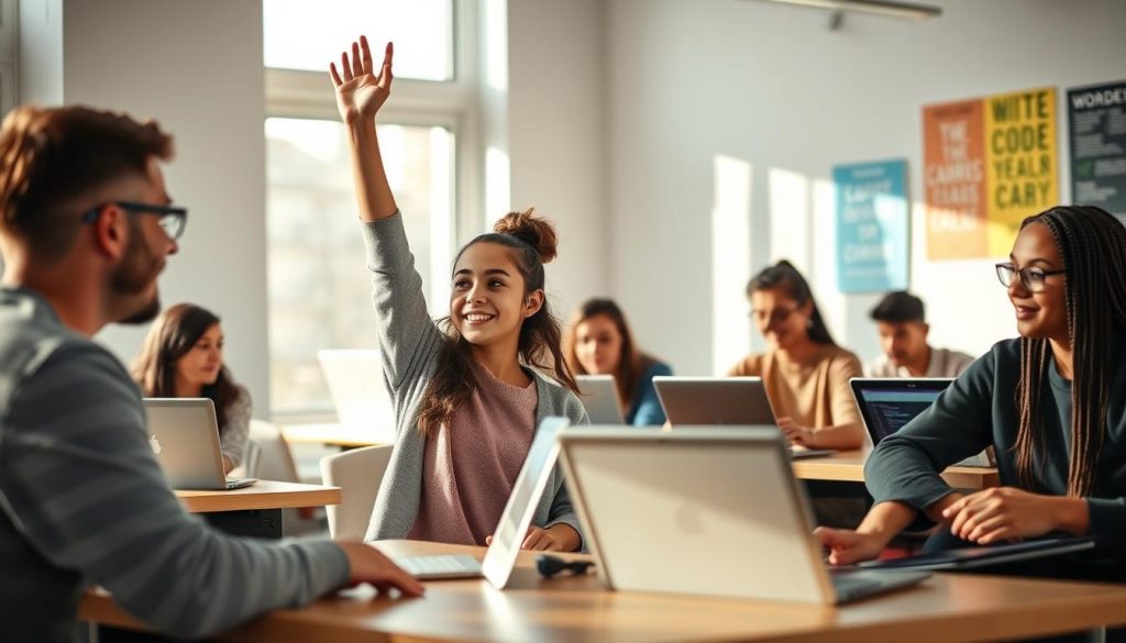A diverse group of students, representing various ages and backgrounds, sits in a bright, modern classroom setting. In the foreground, a young female student enthusiastically shares her experience with learning computer skills, her arms raised as if in excitement. Nearby, a mature male student nods in agreement, showcasing their engagement. The middle ground features comfortable desks with laptops open, displaying coding applications and educational resources. In the background, large windows let in natural light, creating a warm and inviting atmosphere. Soft shadows hint at the late afternoon sun, while motivational posters adorn the walls, highlighting the theme of learning and growth. The scene conveys a positive, uplifting mood, emphasizing community and shared success in education.