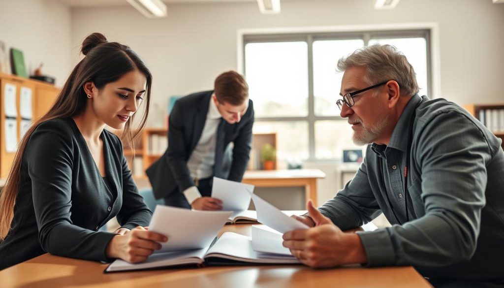 A diverse group of three individuals representing students, professionals, and people in transition, gathered around a table in a bright, modern classroom. The foreground features a focused young woman studying a notebook, dressed in professional attire, while a man in business casual leans over to share ideas, showcasing collaboration. Beside them, a casually dressed older man is engaged in a discussion with an attentive expression. The middle of the scene reveals a warm, inviting environment filled with educational materials, and a large window showing a bright and sunny day outside. The atmosphere is one of enthusiasm and support, with soft natural lighting enhancing the overall positive mood. The angle captures the camaraderie and determination among the individuals, symbolizing growth and learning.