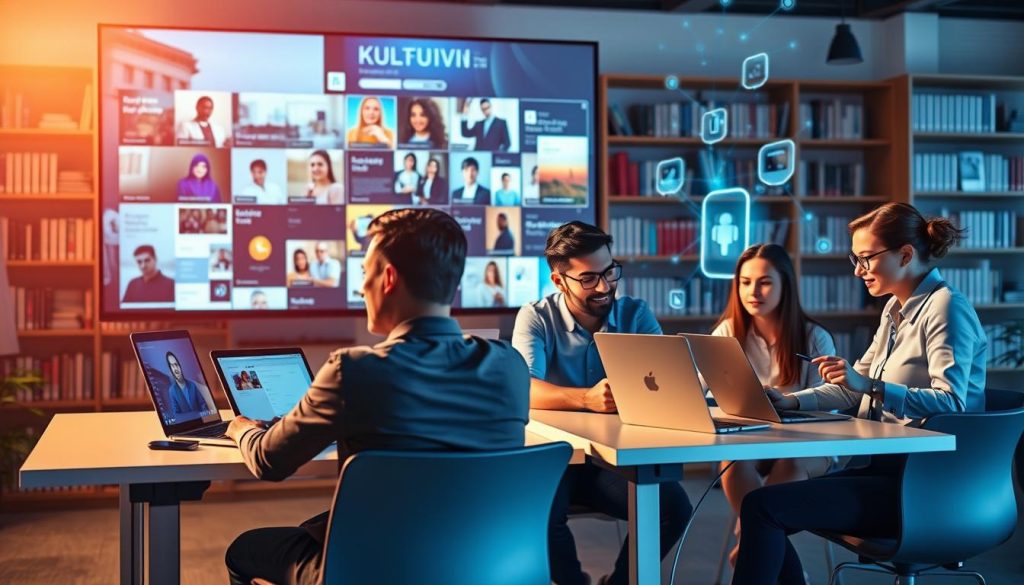 A dynamic and engaging scene showcasing an online learning environment titled "Kultivi: Unlimited Access and Free Complete Content." In the foreground, a diverse group of three professionals, two men and one woman, are seated at modern desks with laptops open, dressed in smart casual attire. They are focused on their screens, displaying a sense of collaboration and enthusiasm. In the middle ground, a large digital display shows various educational materials, including videos and e-books, illustrating a rich learning experience. The background includes bookshelves filled with learning resources and abstract digital elements representing online connectivity and knowledge. The lighting is warm and inviting, casting a soft glow over the scene, creating a motivational atmosphere filled with an aura of achievement and growth.