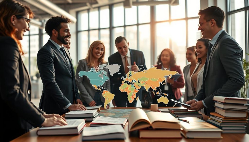 A dynamic scene depicting opportunities in language learning and career advancement. In the foreground, a diverse group of professionals, including individuals of different ethnicities, dressed in smart business attire, are engaged in animated discussions over a table filled with language books and digital devices. In the middle ground, a large map of the world highlights various countries, symbolizing global job opportunities linked to language skills. The background features an inviting office environment with bright, natural light streaming through large windows, creating a warm, inspiring atmosphere. The image captures a sense of enthusiasm and ambition, showcasing the connections between language proficiency and career growth.