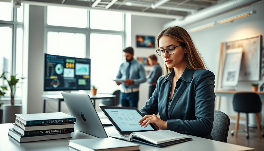 A dynamic workspace scene featuring three distinct areas representing web development, UX design, and information security. In the foreground, a confident woman in professional attire works intently on a laptop, surrounded by coding books and a digital tablet displaying user interface designs. In the middle ground, a collaborative team of two men discusses project details, one analyzing data on a large screen, while the other sketches wireframes on a whiteboard. The background showcases a modern office environment with minimalistic decor, bright natural light pouring through large windows, and technology-related artwork on the walls. The atmosphere is vibrant and focused, conveying innovation and professionalism. Use a wide-angle lens to capture the entire scene with a balanced depth of field, emphasizing teamwork and creativity in technology.