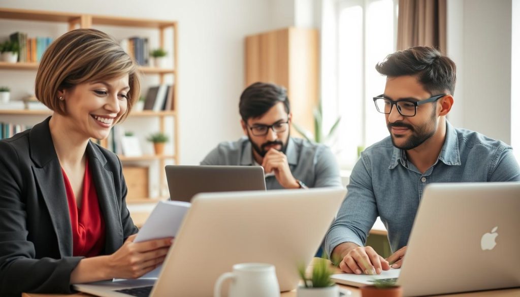 A focused and serene online evaluation scene, featuring a diverse group of adult learners engaging with laptops in a well-lit modern home office. In the foreground, a woman with short hair in professional business attire is smiling as she takes notes while looking at her screen. In the middle ground, a man in glasses is thoughtfully analyzing his results, displaying a sense of concentration. The background shows a bookshelf filled with English learning materials and decorative plants, creating a warm and inviting atmosphere. Soft, natural light filters through a nearby window, enhancing the productive vibe. The overall mood is one of motivation and achievement, ideal for showcasing the evaluation process.