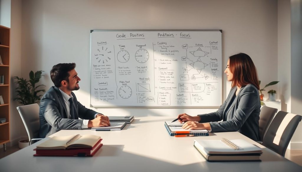 A focused workspace illustrating evidence-based techniques for enhancing concentration and productivity. In the foreground, a professional man and woman in business attire sit at a modern desk, surrounded by organized notebooks and productivity tools like timers and planners. The middle ground features a large whiteboard filled with diagrams and strategies for maintaining focus, further emphasizing their collaborative efforts. In the background, a sunlit window casts warm light across the room, creating an inspiring atmosphere. Soft shadows add depth, and the overall mood is one of determination and clarity. The image conveys an energetic yet tranquil environment ideal for enhancing focus and discipline.
