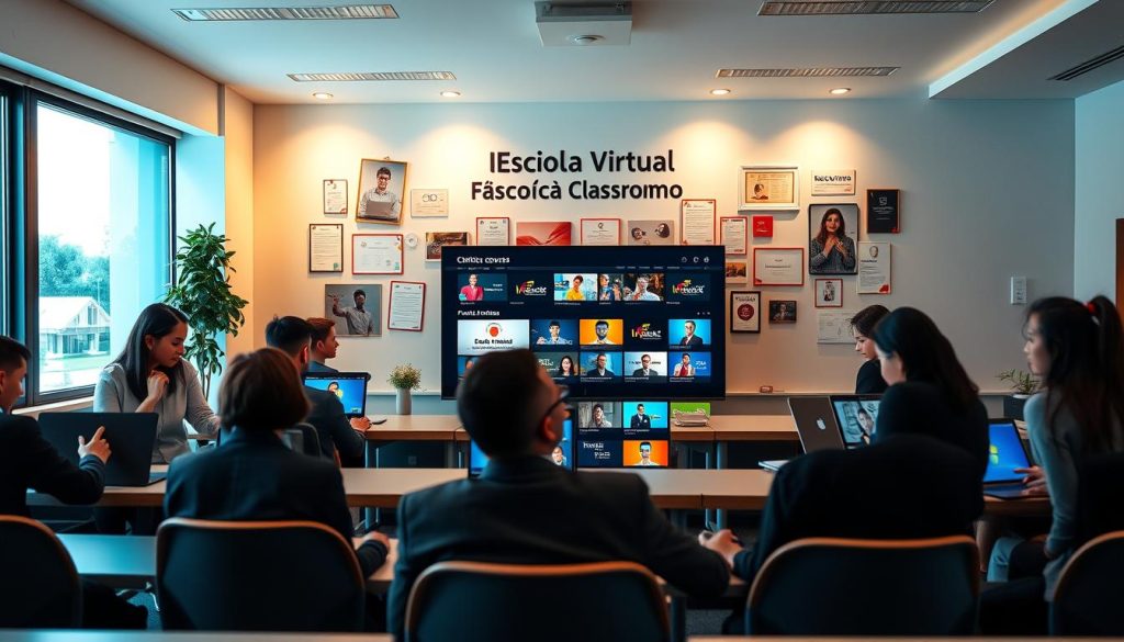 A modern and inviting virtual classroom setting showcasing the Escola Virtual Fundação Bradesco. In the foreground, a diverse group of students engaged with laptops, portraying focus and collaboration. They are dressed in professional business attire, embodying a studious atmosphere. The middle ground features a high-tech, sleek interface displaying various online courses with vibrant icons and a user-friendly layout. The background reveals a motivational wall with images of certificates and educational achievements, illuminated with soft, warm lighting that creates an inspiring and encouraging mood. A large window on one side permits natural light, enhancing the uplifting ambiance. The overall composition is balanced to direct attention to the engaged students and the innovative learning environment.