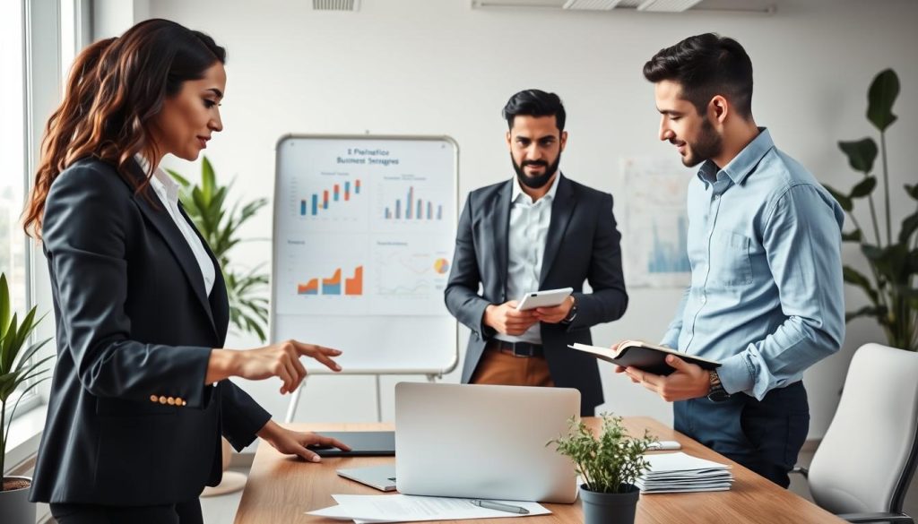 A modern business workspace featuring a diverse group of three entrepreneurs collaborating on a strategic plan. In the foreground, a confident woman in a tailored business suit is pointing at a laptop, while a man in smart casual attire is taking notes on a notepad. In the middle ground, a large whiteboard filled with colorful graphs and business strategies captures attention. The background shows a bright, spacious office with large windows letting in natural light, plants in the corners for a fresh atmosphere, and a subtle skyline view of the city. The scene conveys a sense of innovation, teamwork, and ambition, with a focus on professionalism and collaboration. Soft, even lighting highlights the dynamic interaction among the entrepreneurs.