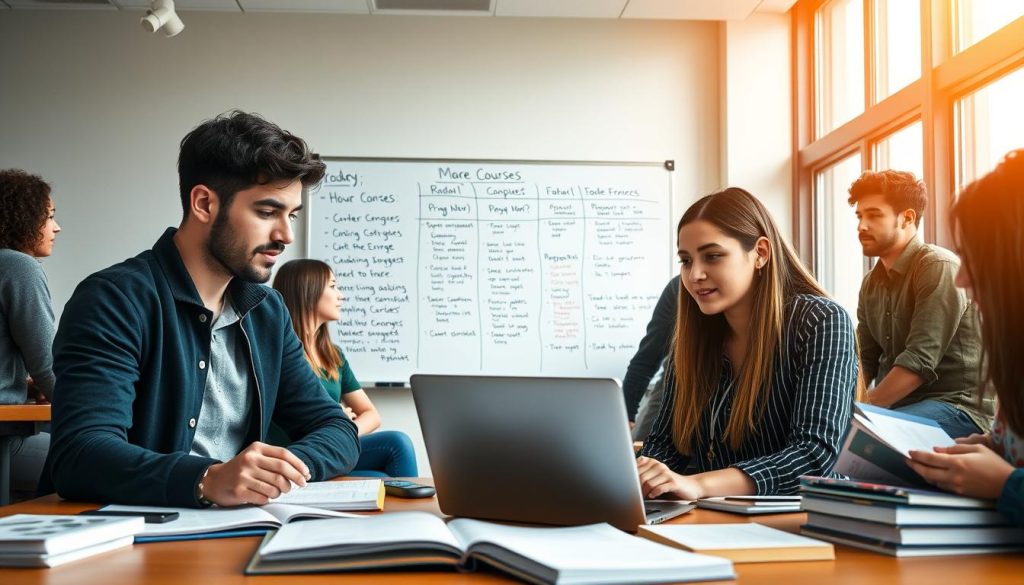 A modern classroom scene focusing on programming education, with a group of diverse students engaged in learning. In the foreground, a male and female student, dressed in smart casual clothing, are actively collaborating on a laptop, surrounded by coding notes and programming books. The middle ground features a whiteboard filled with programming concepts, diagrams, and the schedule for the course's hourly commitment. In the background, large windows let in warm natural light, creating an inviting atmosphere. The setting conveys the energy of learning and growth, showcasing a vibrant educational environment. The scene is shot from a slightly elevated angle, emphasizing the interaction and engagement among the students, with a soft focus on the background.