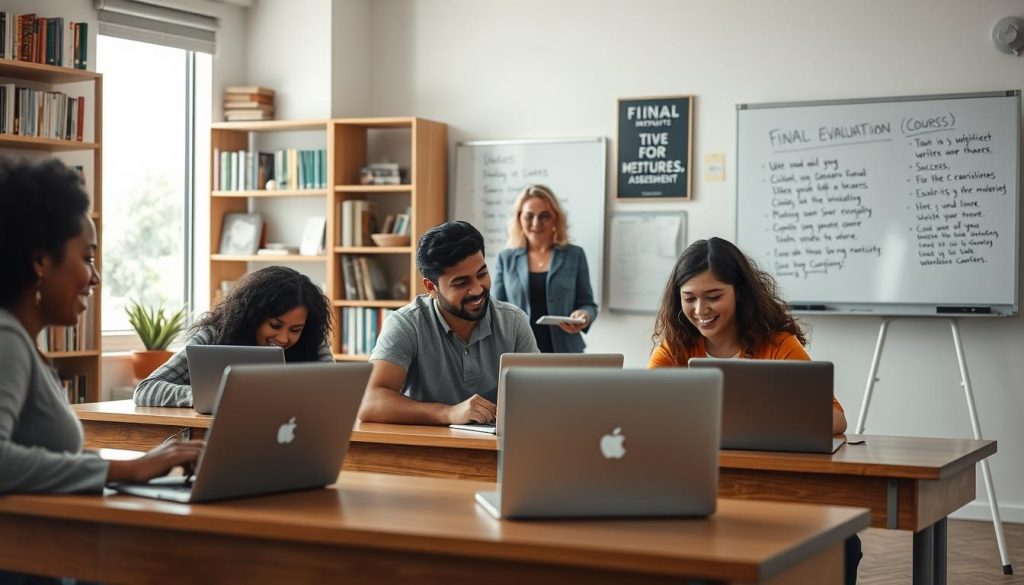 A modern classroom setting depicting a final evaluation scene. In the foreground, a diverse group of three students - a Black woman, a Hispanic man, and an Asian woman - sit at wooden desks with laptops open, focused and writing their assessments. In the middle ground, a white female instructor stands by a whiteboard filled with notes about course objectives and achievements, smiling encouragingly at the students. The background shows shelves filled with books and motivational posters about productivity and success. Soft, natural light filters through large windows, creating a warm and inspiring atmosphere. The angle captures the dynamics between students and teacher, emphasizing collaboration and the importance of the final assessment.