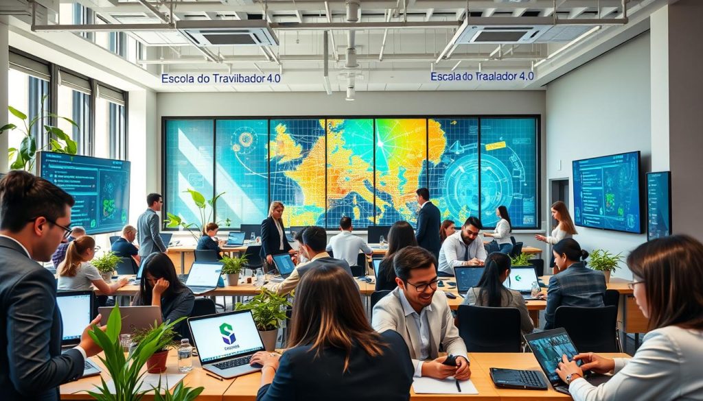 A modern educational center named "Escola do Trabalhador 4.0," showcasing a vibrant and innovative learning environment. In the foreground, diverse students in professional business attire are engaged in collaborative work on laptops and digital devices, exchanging ideas and resources. In the middle, the spacious classroom is adorned with futuristic technology, large interactive screens displaying coding languages, and green plants for a refreshing touch. In the background, large windows allow natural light to stream in, illuminating a colorful mural that represents technology and growth. The atmosphere is dynamic and inspiring, with a sense of community and collaboration. The image is captured from a slightly elevated angle, emphasizing the engagement of students and the modern design of the space.