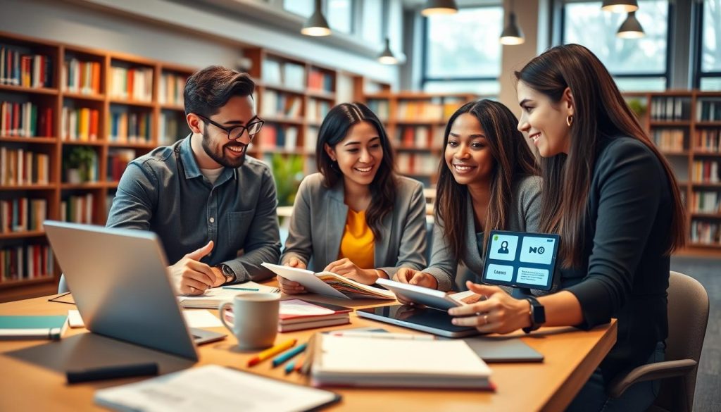 A modern, inviting workspace featuring a diverse group of three professional individuals studying together. In the foreground, two people of different ethnicities are engaged in animated discussion, surrounded by laptops and notebooks filled with colorful notes. The middle ground shows a well-organized table with various digital devices, showcasing icons of online courses on screens. The background is softly blurred, revealing a cozy library with shelves of books and soft warm lighting. Large windows allow natural light to stream in, creating a bright and focused atmosphere. The mood is one of collaboration and enthusiasm for learning, emphasizing the accessibility of free online short courses. Use a wide-angle lens perspective with soft focus for a friendly feel.