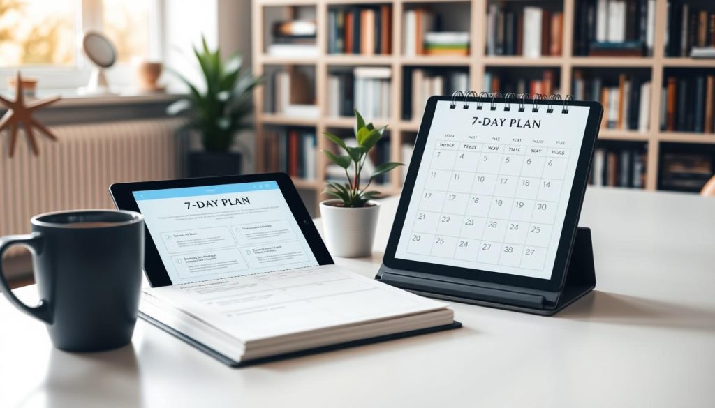 A modern, minimalist workspace with a large desk, neatly organized with a planner open to a "7-Day Plan" layout. In the foreground, a cup of coffee beside a digital tablet displaying productivity apps. The middle features a motivational calendar with checkmarks for daily goals, and a small potted plant adding a touch of nature. The background shows a softly blurred bookshelf filled with self-improvement books, and natural light streaming through a window, creating a warm and inviting atmosphere. The overall mood exudes focus and clarity, emphasizing discipline and attention training. The image is shot from a slight angle, showcasing depth and inviting the viewer into the scene.