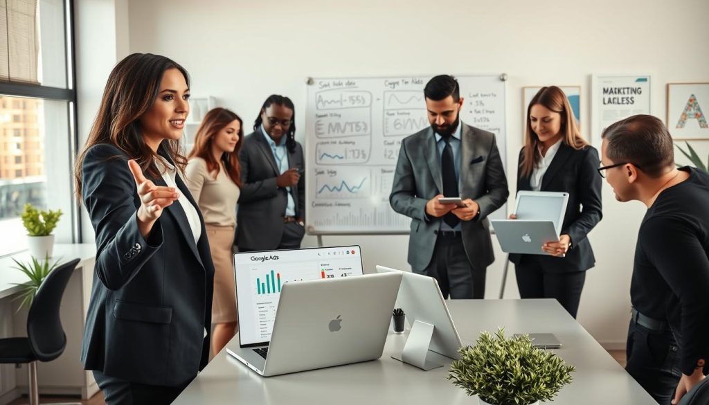 A modern office environment focusing on sales and marketing techniques, featuring a diverse group of professionals in business attire. In the foreground, a confident woman gesturing with a laptop open to a Google Ads dashboard, while a man examines sales charts on a digital tablet. In the middle ground, a large whiteboard showcases creative marketing strategies and Google Ads metrics. The background includes sleek desks with office plants and motivational posters. Soft, natural lighting illuminates the scene, creating a bright and inspiring atmosphere. The composition is shot with a slightly elevated angle to capture the collaborative spirit and energy of the workplace, emphasizing teamwork and innovation in commercial strategies.
