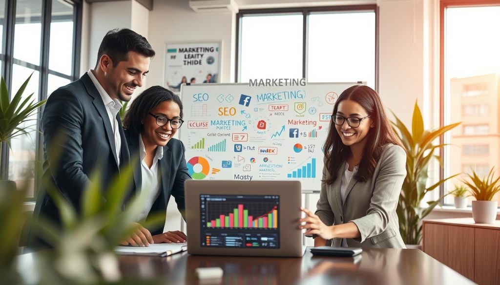 A modern office environment illustrating the concepts of digital marketing. In the foreground, a diverse group of three professionals, dressed in smart business attire, enthusiastically collaborating over a laptop, analyzing charts and graphs displayed on the screen. In the middle, a large whiteboard filled with colorful digital marketing strategies, SEO keywords, and social media symbols. The background features sleek office décor with plants and motivational posters about marketing innovation. Soft, natural lighting coming through large windows creates a warm and inviting atmosphere. A shallow depth of field highlights the teamwork while blurring the background subtly. The overall mood is focused, energetic, and inspiring, emphasizing collaboration and learning in digital marketing.