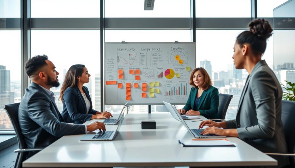 A modern office environment showcasing a business meeting focused on operations and competencies. In the foreground, a diverse group of three professionals, a man and two women, dressed in smart business attire, engaged in discussion around a sleek conference table with laptops and notepads. In the middle ground, a large whiteboard filled with charts and sticky notes illustrating operational strategies and business growth ideas. The background features a city skyline through large windows, reflecting a bright, clear day with soft natural lighting. The atmosphere should be dynamic and collaborative, highlighting professionalism and innovation in the workplace, with an emphasis on teamwork and problem-solving.