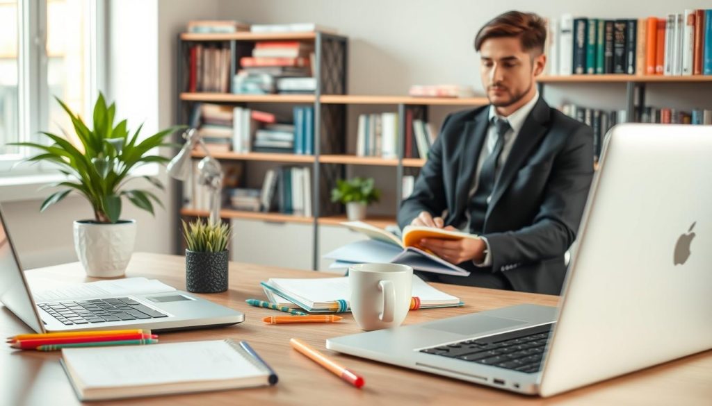 A modern workspace designed for personal organization and study. In the foreground, a neatly arranged desk features a laptop, open notebooks, colorful stationery, and a steaming cup of coffee, symbolizing focus and productivity. In the middle ground, a confident individual in professional attire is engaged in studying, with a thoughtful expression as they balance work and personal life. Soft, natural lighting filters through a nearby window, creating a warm, inviting atmosphere. The background showcases a well-organized bookshelf filled with books on personal development and professional skills, emphasizing the theme of lifelong learning. This scene captures the essence of effective study tips for balancing personal and professional responsibilities, encouraging a harmonious atmosphere of growth and productivity.