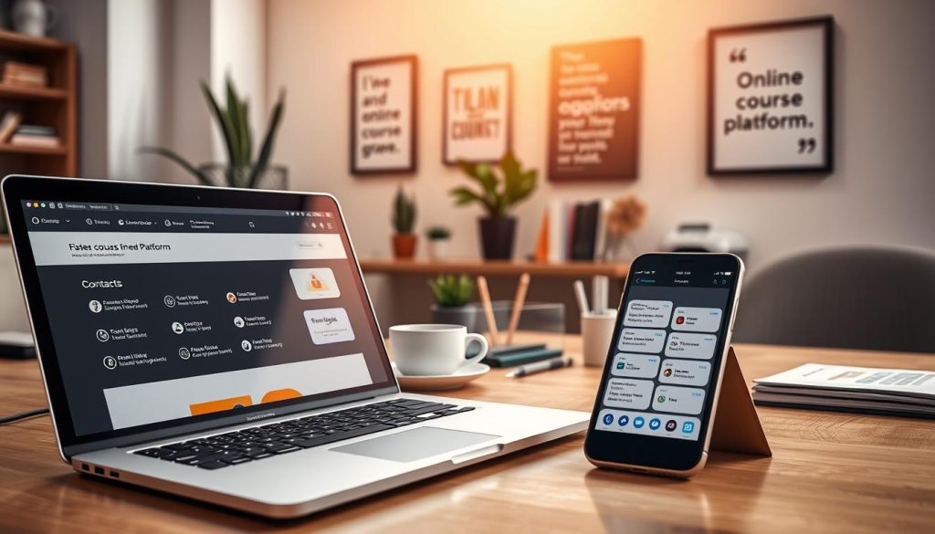 A modern workspace scene representing "useful contacts and support from platforms." In the foreground, display a sleek laptop open to a user-friendly website showcasing contact information for various online course platforms. Include a stylish smartphone with messaging apps displaying chat icons for support. In the middle, position a desk with neatly organized stationery, a cup of coffee, and a plant, symbolizing a productive environment. In the background, a soft-lit wall with inspirational quotes framed, enhancing the atmosphere of motivation and professionalism. The overall mood should be warm and inviting, with natural light streaming in from a window, creating a sense of clarity and focus. Use a wide-angle lens to capture the full workspace, providing depth to the scene.