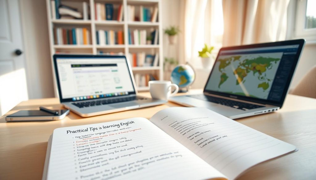 A neatly organized desk setup in a cozy, well-lit room, representing the theme of learning English. In the foreground, an open notebook with neatly written notes and a colorful list labeled "Practical Tips for Learning English" is prominently displayed. Next to it, a laptop with language learning software open. In the middle ground, a coffee cup and a small globe, symbolizing global communication. The background features a soft bookshelf filled with English learning books and a window with sunlight streaming in, creating a warm and inviting atmosphere. The lighting is bright yet soft, enhancing the peaceful study environment. The overall mood is motivating and focused, encouraging viewers to engage in their language learning journey.