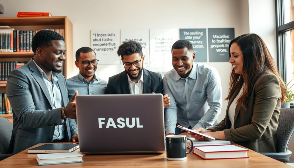 A professional office setting with a focus on online education. In the foreground, a diverse group of three individuals of various ethnic backgrounds, dressed in business casual attire, are engaged in a collaborative discussion around a laptop displaying the FASUL logo. One person is gesturing towards the screen while another takes notes, and the third is smiling, creating a sense of teamwork and enthusiasm for learning. In the middle ground, a well-organized desk with educational materials such as textbooks, a notepad, and a coffee mug enhances the atmosphere of learning. The background features soft-focus shelves filled with books and inspirational quotes about education. Warm, natural lighting streams in from a nearby window, casting a welcoming glow over the scene, creating a motivational and inviting mood.