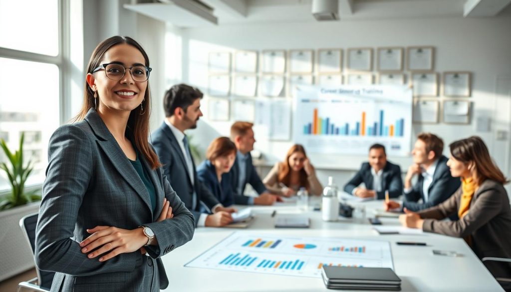 A professional setting focused on career development, featuring a diverse group of individuals engaged in a discussion around a large table. In the foreground, a confident woman in a smart business suit presents a visual chart showcasing career data and training programs. In the middle ground, colleagues are taking notes and exchanging ideas, all dressed in professional attire, radiating a mood of collaboration and ambition. The background shows a bright, modern office space adorned with certificates and professional development materials. Soft, natural lighting filters through large windows, casting gentle shadows that enhance the atmosphere of growth and opportunity. The image should evoke a sense of motivation and professionalism, centered on the importance of quick courses for career advancement.