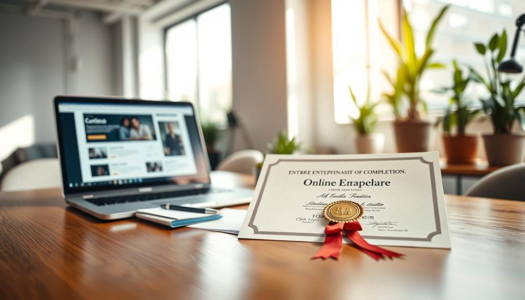 A professional setting showcasing a certificate of completion for an online entrepreneurship course. In the foreground, a diploma with an elegant design featuring a gold seal and ribbons, resting on a polished wooden table. The middle ground includes a laptop displaying the course interface, with a notepad and a pen neatly arranged next to it. The background consists of a bright, modern office space with soft, natural lighting filtering through a large window, highlighting a few potted plants that add a touch of greenery. The overall mood is one of achievement and empowerment, evoking feelings of motivation and success in the realm of online learning. The image is depicted with a shallow depth of field, focusing sharply on the certificate and surrounding items, creating an engaging, inviting atmosphere.