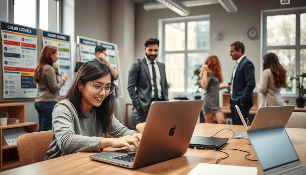 A professional workspace featuring a diverse group of individuals eagerly engaging in a sign-up process for an online course. In the foreground, a young woman in modest casual clothing is sitting at a desk, interacting with a laptop. She appears focused and motivated as she types her information onto the screen. In the middle ground, a man in business attire stands by a bulletin board displaying colorful informational flyers about various courses. The background showcases a well-organized study area with bright, natural lighting streaming through large windows, creating an inviting and inspiring atmosphere. The overall mood conveys excitement and readiness to learn, highlighting the ease of registration and the accessibility of professional courses. The scene is captured from a slight angle to emphasize engagement and activity within the setting.
