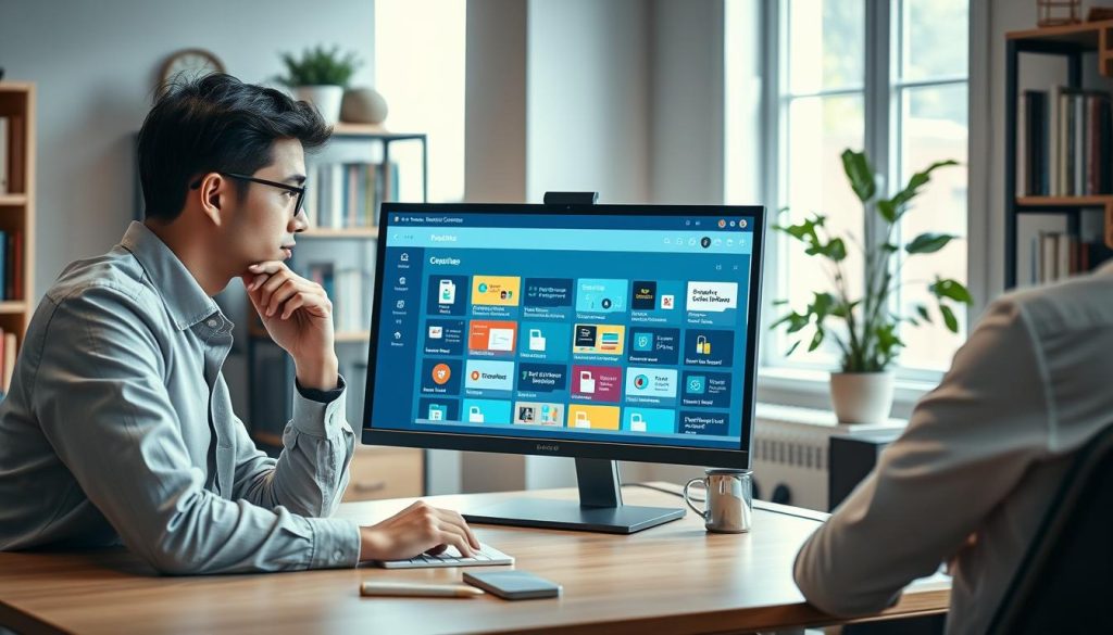 A professional workspace featuring a sleek desk with a modern computer displaying a platform interface for online courses. In the foreground, a focused individual in smart casual attire, thoughtfully engaging with the platform. The middle layer showcases a clear, user-friendly interface filled with icons representing various professional courses, highlighted on a bright screen. The background should depict a well-organized home office with bookshelves filled with textbooks, a potted plant adding a touch of greenery, and soft natural light filtering through a window. The atmosphere is one of calm concentration, promoting a sense of security and readiness for online learning, with a warm color palette that enhances the inviting environment.