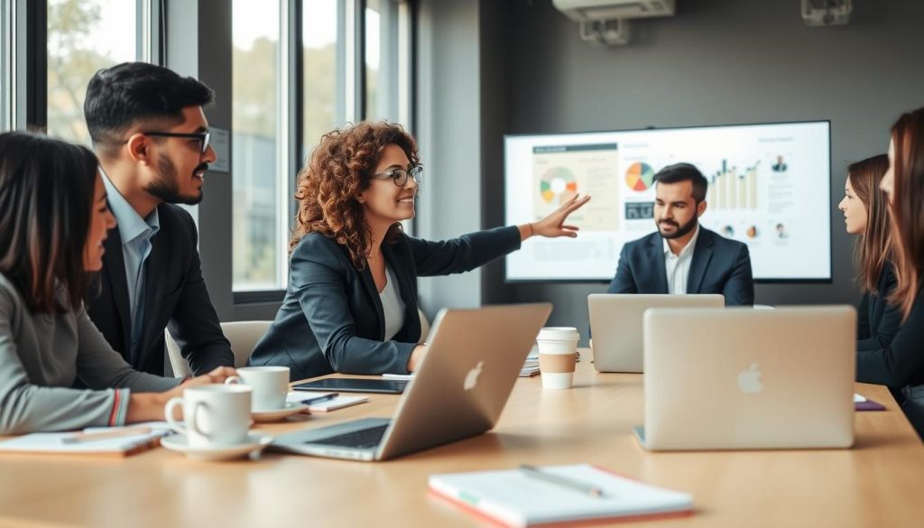 A professional workspace transition scene, featuring a diverse group of individuals in business attire, engaging in a collaborative discussion around a table filled with laptops, notebooks, and coffee cups. In the foreground, a woman shares her insights while pointing at a digital presentation on a screen. The middle ground includes another participant taking notes, embodying focus and eagerness. The background features large windows letting in soft, natural light, creating an inviting atmosphere that emphasizes opportunity and growth. The color palette is warm and encouraging, evoking a sense of comfort and motivation for those transitioning back to the job market. Capture this from a slightly elevated angle, with a shallow depth of field to draw attention to the subjects while softly blurring the background elements.