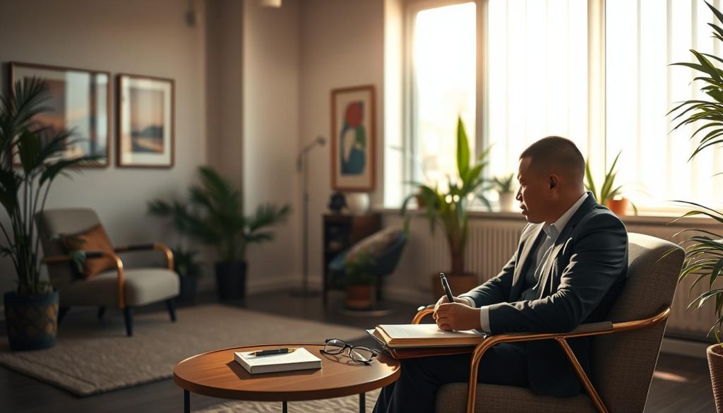 A serene indoor space dedicated to self-discovery, featuring a cozy seating area with a comfortable chair and a small coffee table adorned with a journal and a pen. In the foreground, a person in professional business attire is seated, deep in thought while writing in their journal, exuding a sense of reflection and intent. The middle ground showcases a large window letting in soft, warm sunlight, creating a welcoming atmosphere that enhances the feeling of tranquility. In the background, potted plants and calming artwork contribute to a peaceful environment. The overall mood is introspective and enlightening, with gentle, diffused lighting and a focus on the individual's journey toward emotional intelligence and self-awareness.