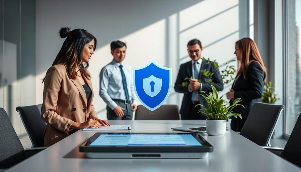 A serene office environment illustrating the theme of "privacidade LGPD". In the foreground, a diverse group of three professionals in business attire, engaged in a discussion around a tablet displaying a digital shield symbolizing data protection and privacy. In the middle, a sleek modern desk with a laptop, documents related to data compliance, and plants adding a touch of green. The background features a large window with soft natural light pouring in, casting gentle shadows and creating an atmosphere of trust and security. The overall mood is one of collaboration and commitment to privacy and compliance, embodying a professional space dedicated to LGPD principles.