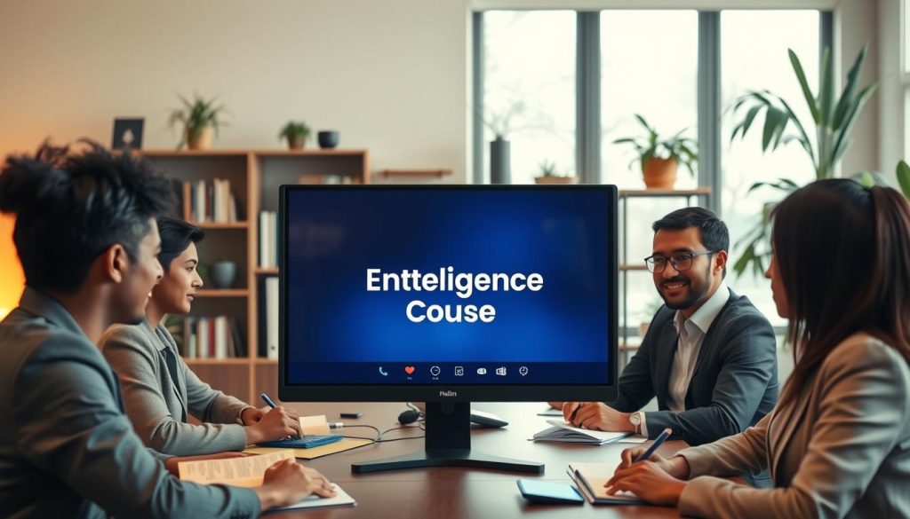 A serene online classroom setting, featuring a computer screen displaying a virtual lecture titled "Emotional Intelligence Course," with engaging visuals visible. In the foreground, a diverse group of five students, dressed in professional business attire, are attentively taking notes and participating in the session. The middle ground showcases a cozy study environment with warm ambient lighting. A bookshelf filled with motivational books and plants adds a personal touch. The background exhibits a large window with soft daylight streaming in, enhancing a productive atmosphere. The overall mood is focused and inspiring, promoting a sense of learning and growth through emotional intelligence.