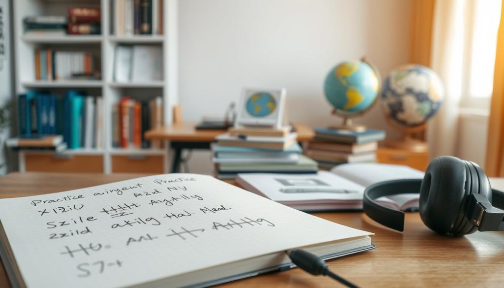 A serene study environment focused on the theme of pronunciation and listening in language learning. In the foreground, an open notebook with handwritten phonetic symbols and sound wave drawings, alongside a pair of headphones, representing practice and engagement. In the middle ground, a well-organized desk with English language learning resources like books and flashcards, with a clear focus on sound pronunciation. The background features a softly lit bookshelf filled with language guides and a globe, hinting at global communication. Natural warm light enters through a window, creating an inviting and calm atmosphere. The composition should convey a sense of focus, determination, and accessibility in mastering English pronunciation.