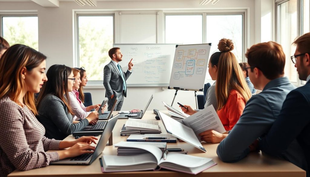 A serene, well-lit classroom scene illustrating the concept of "quality of content and teaching." In the foreground, a diverse group of students, clad in smart casual clothing, are intently engaged with modern laptops and textbooks open, emphasizing their dedication to learning. In the middle ground, a knowledgeable, approachable instructor, dressed in business attire, stands beside a whiteboard filled with colorful notes and diagrams, showcasing effective teaching methods. In the background, large windows allow soft, natural light to flood the space, creating an uplifting atmosphere. The overall mood is focused and inspiring, highlighting the importance of high-quality educational content and skilled instructors in a language course. The image should be vivid and inviting, filled with rich colors and subtle textures, to convey a motivating learning environment.