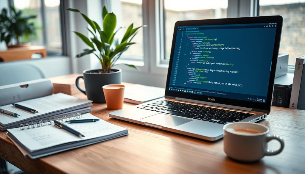 A sleek, modern workspace featuring a laptop displaying Python code for unit testing, surrounded by technical manuals and coding books. In the foreground, a detailed close-up of the laptop screen shows a test script with green checkmarks indicating successful tests. The middle ground includes a vibrant potted plant, a notepad with hand-written notes, and a coffee cup, adding a touch of life. In the background, soft natural light pours in through a large window, creating a warm and inviting atmosphere. The overall mood is focused and professional, reflecting a dedication to software quality and testing practices in Python. The image is crisp, with a sharp focus on the laptop and a slight blur on the background to emphasize the foreground elements.