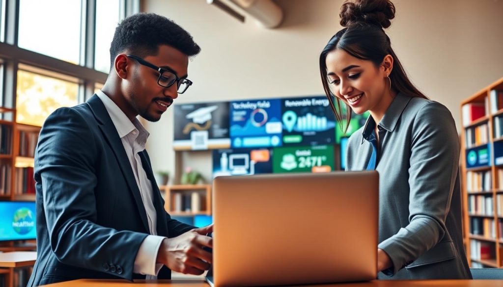 A vibrant and engaging scene depicting various high-demand study areas for professional development. In the foreground, a diverse group of three individuals dressed in smart business attire, focused and collaborating over a laptop that displays charts and graphs. The middle ground features a stylish modern classroom setting, lined with bookshelves filled with educational resources and digital screens showcasing popular fields like technology, healthcare, and renewable energy. The background consists of large windows letting in warm natural light, accentuating the atmosphere of learning and growth. The overall mood is inspiring and motivational, encouraging viewers to explore new educational opportunities.