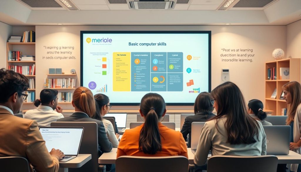 A vibrant and inviting online learning environment, featuring a modern virtual classroom design. In the foreground, a diverse group of students of various ages are engaged with laptops, wearing professional business attire and modest casual clothing. The middle section shows a large, interactive screen displaying educational content related to basic computer skills, surrounded by colorful charts and diagrams. The background includes shelves filled with books and educational materials, along with inspiring quotes about learning. Soft, ambient lighting illuminates the space, creating a warm and motivating atmosphere. The perspective captures the action from a slightly elevated angle, giving a sense of immersion in the digital learning experience while maintaining a professional and inspiring tone.