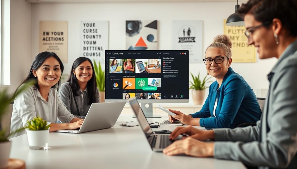 A vibrant and inviting scene depicting an online learning environment, focusing on the theme of enrollment and certification. In the foreground, a diverse group of three people (a young woman of Asian descent, a middle-aged Black man, and a Caucasian woman in smart casual attire) sit together at a modern workspace, engaged in learning on laptops and taking notes. In the middle ground, a large computer screen displays an online course interface, featuring colorful course modules and a prominent "Get Your Certificate" button. The background features a bright, well-lit room with potted plants and motivational posters about education. The atmosphere is positive and focused, illuminated by soft, natural lighting that creates an inspiring ambiance.