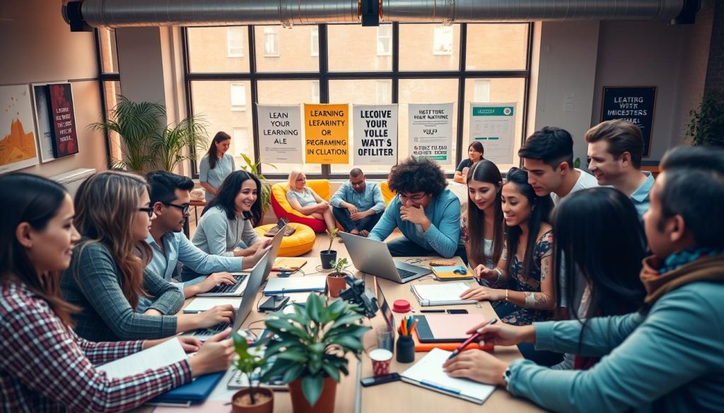 A vibrant community gathering in a modern, bright co-working space. In the foreground, a diverse group of people engaged in collaborative tasks, with individuals of different ages and ethnic backgrounds discussing at a table cluttered with laptops, notebooks, and digital devices. The middle ground features a cozy lounge area with plants and colorful bean bags where a few more people are gathered in small groups, sharing ideas and helping each other with programming concepts. The background showcases large windows letting in warm, natural light, filled with motivational posters about learning and inclusion. The atmosphere is supportive and encouraging, filled with smiles and focused expressions, captured from a slight overhead angle to convey a sense of community and collaboration.