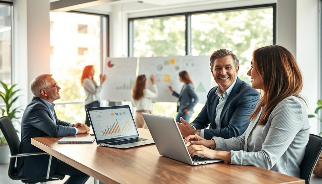 A vibrant, modern office scene illustrating "entrepreneurship with mentorship and credit." In the foreground, a confident young woman in professional attire is engaged in a discussion with a mentor, who is an older man dressed in business casual. They are seated at a sleek wooden table, surrounded by notebooks and a laptop displaying financial graphs. In the middle ground, a diverse group of young entrepreneurs brainstorms ideas on a whiteboard, showcasing their collaboration and ambition. The background features large windows letting in natural light, casting a warm glow across the room, with greenery visible outside, symbolizing growth and opportunity. The atmosphere is dynamic and inspiring, embodying the spirit of entrepreneurship and support.