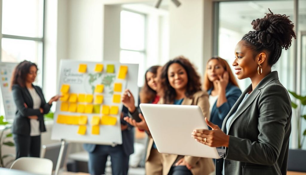 A vibrant scene depicting a diverse group of professionals in a bright, modern office setting, engaged in discussion about career courses. In the foreground, a confident Black woman in business attire holds a laptop, while a middle-aged Hispanic man, wearing a blazer, gestures enthusiastically. The middle ground features a collaborative workspace with charts and post-it notes on a whiteboard, illustrating various career paths. In the background, large windows let in natural light, creating an inviting atmosphere. The mood is focused and inspirational, conveying a sense of purpose and ambition. The image is captured from a slightly elevated angle to provide depth, emphasizing teamwork and the journey of choosing the right professional course.