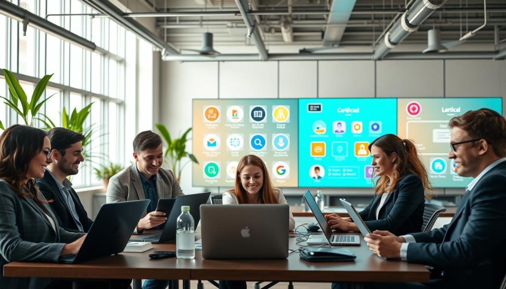 A visually appealing scene depicting a modern, open workspace that reflects the theme of "free online courses with certification." In the foreground, a diverse group of professional individuals, dressed in business casual attire, are engaged in interactive learning on laptops, with enthusiasm and focus on their faces. In the middle ground, colorful digital screens displaying various course topics, icons of certification, and elements related to online education. The background features a bright, airy environment with plants and large windows, allowing natural light to pour in and create an inviting atmosphere. The overall mood is one of motivation and empowerment, evoking a sense of opportunity and growth in professional skills.