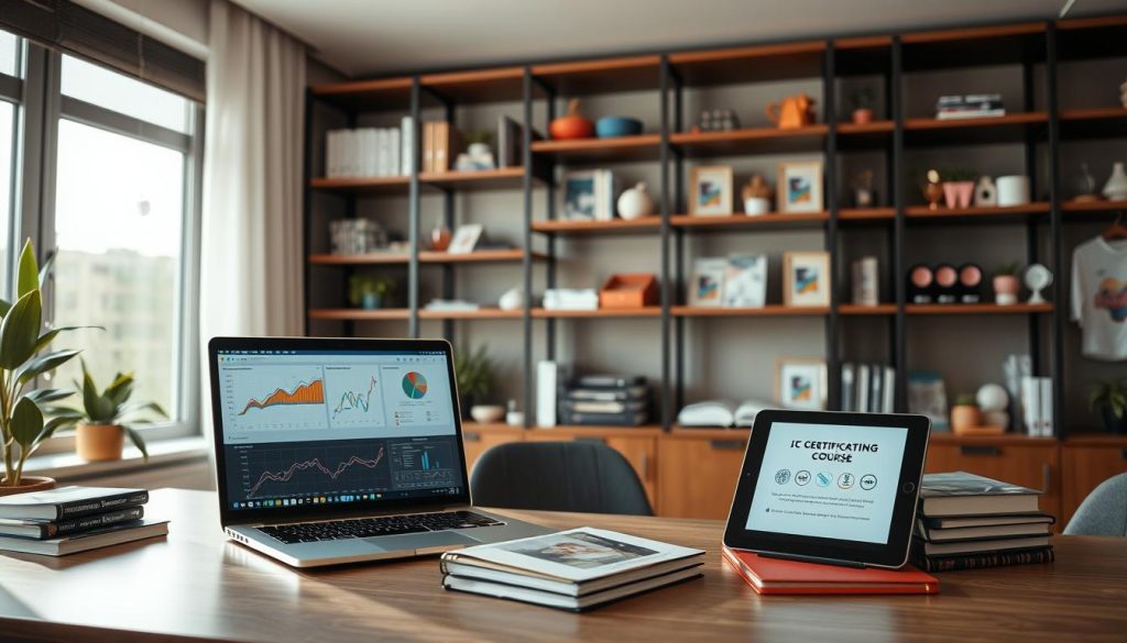 A visually appealing workspace showcasing various digital marketing tools and resources. In the foreground, an open laptop displaying colorful graphs and analytics dashboards sits atop a modern desk. Beside the laptop, neatly arranged marketing books and a tablet featuring a certification course interface. In the middle background, stylish shelf units filled with organized stationery, digital marketing guides, and branded merchandise, symbolizing support materials. Gentle natural light streams in from a large window, casting a warm glow across the scene. The atmosphere is inviting, inspiring productivity and learning. Ensure the overall composition projects a sense of professionalism and focus, with no text or branding visible.